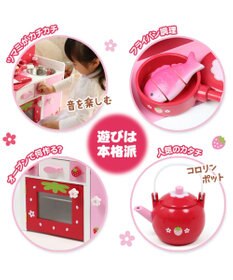 Mother garden マザーガーデン 木製 ままごと 野いちご システムグリルキッチン《赤色》＋高さUP台　2点セット おままごと キッチン コンパクト おもちゃ お誕生日 プレゼント 子供の日