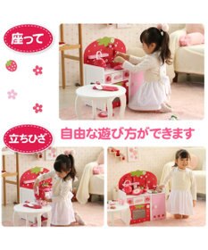 Mother garden マザーガーデン 木製 ままごと 野いちご システムグリルキッチン《赤色》＋高さUP台　2点セット おままごと キッチン コンパクト おもちゃ お誕生日 プレゼント 子供の日