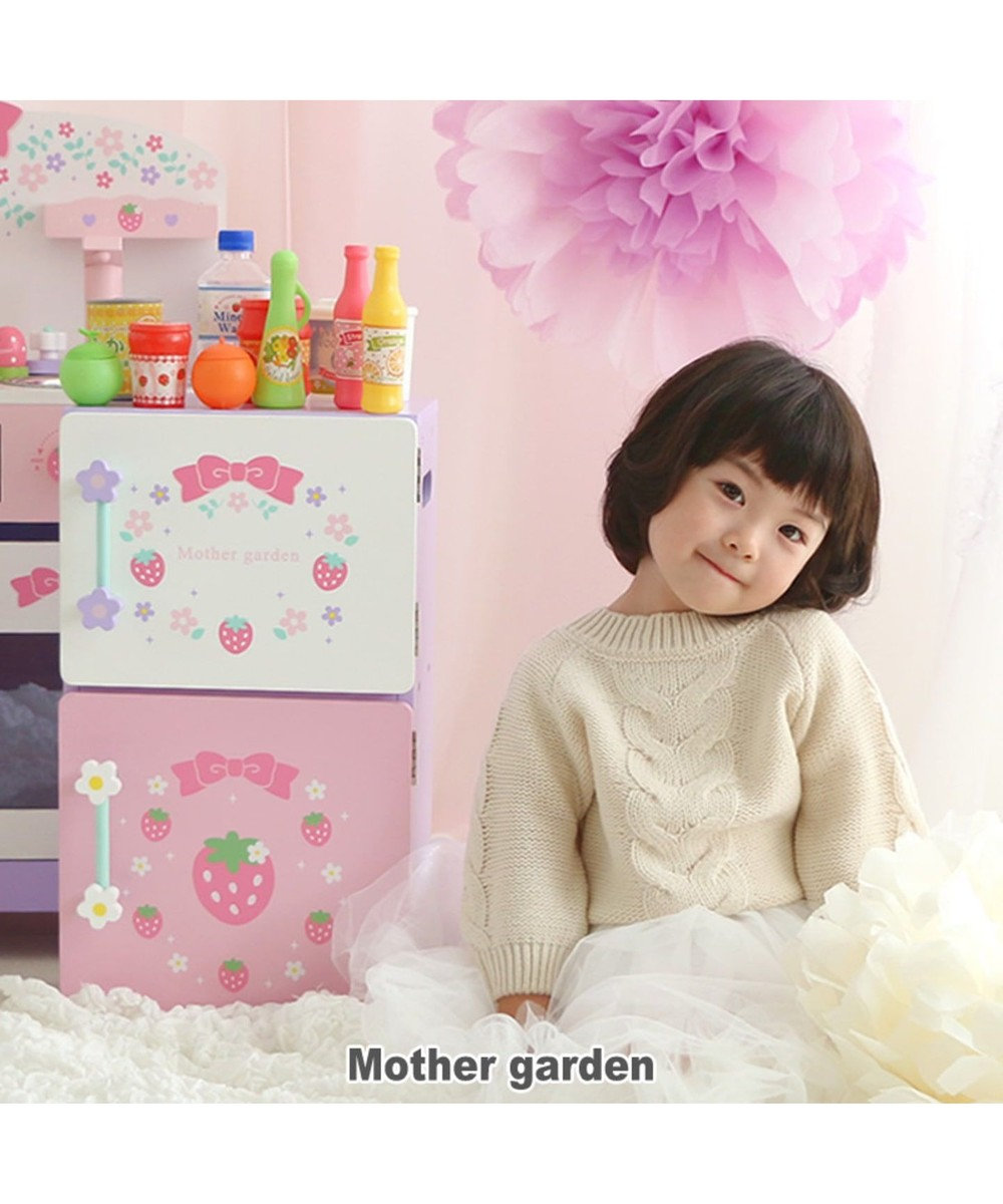 Mother garden マザーガーデン 木製 ままごと 冷蔵庫 組み立て 野いちご 《フローラル柄》 ピンク（淡）