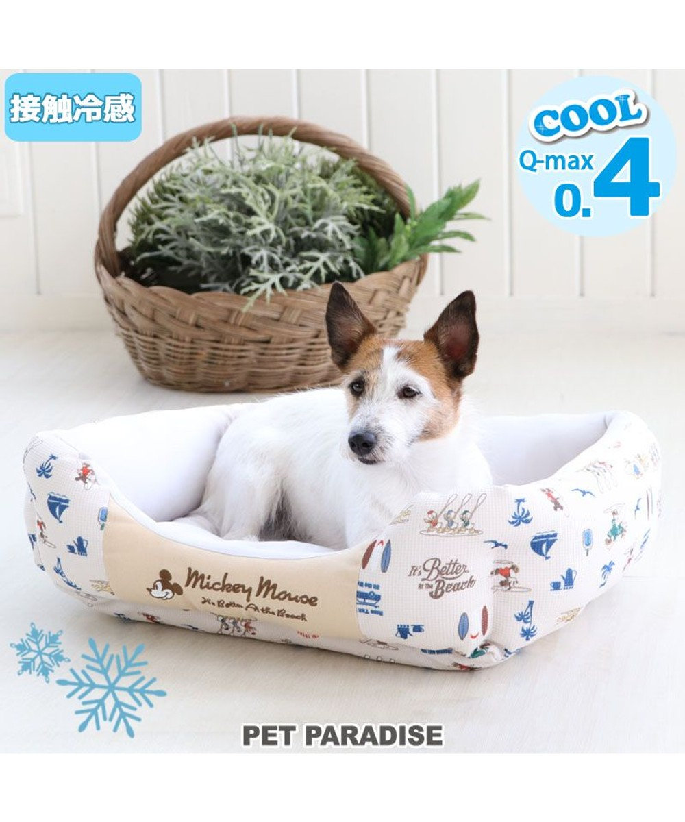 PET PARADISE 犬 春夏 クール 接触冷感 ディズニー ミッキーマウス 四角カドラーベッド(57cm×45cm) サーフ柄 犬 猫 ベッド マット 小型犬 介護 おしゃれ かわいい ふわふわ あごのせ 水色