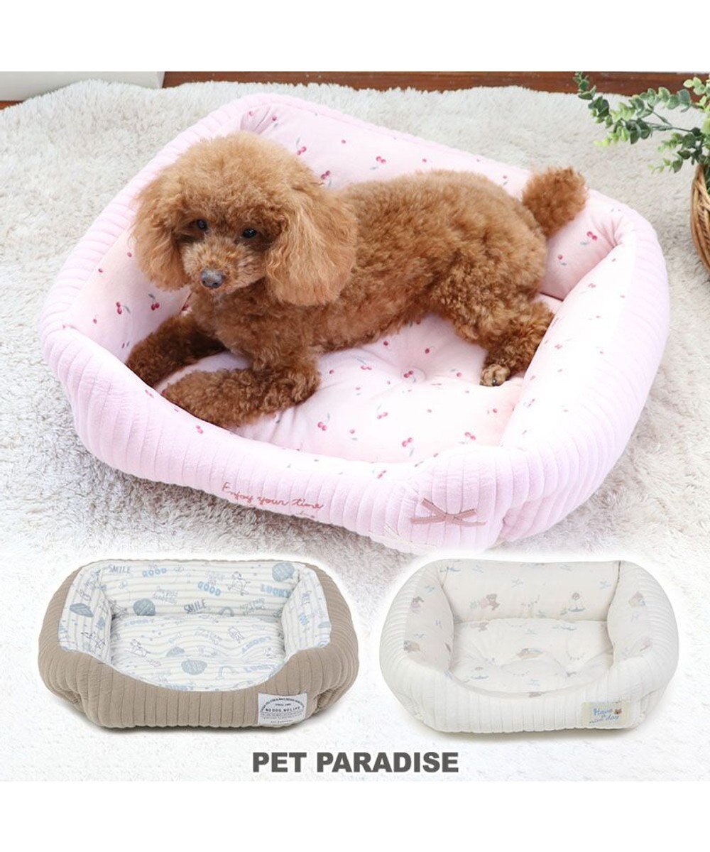 PET PARADISE 犬 ベッド キルト カドラーベッド (57×45cm) 《グレージュ/ ピンク /ホワイト》 