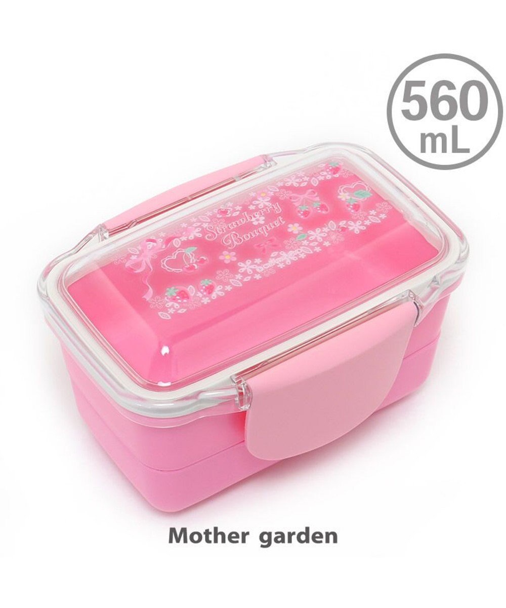 Mother garden マザーガーデン 野いちご 2段お弁当箱 ドーム型 《リボン柄》 560mL 日本製 ピンク（淡）