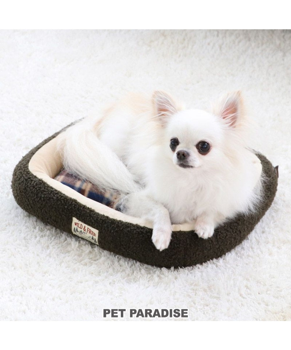 PET PARADISE 犬 猫 カドラー カドラーベッド (38×32cm)  チェック柄 ボア 小型犬 介護 ふわふわ 通年 春 夏 秋 冬 クッション ソファ カドラー おしゃれ 室内 カーキ