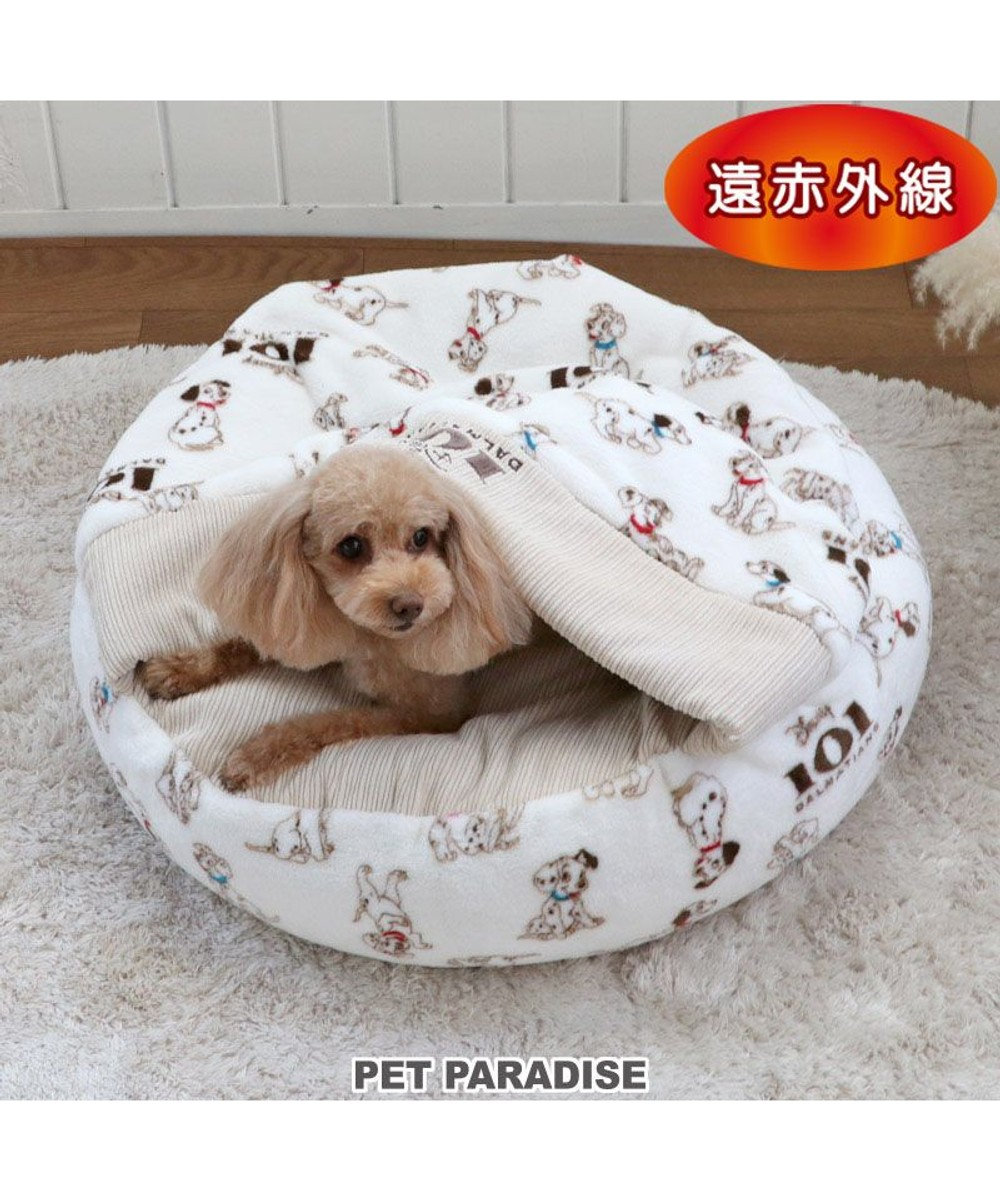 PET PARADISE 犬 ベッド 遠赤外線 ディズニー １０１匹わんちゃん 丸型 寝袋 カドラー (60cm) 白~オフホワイト