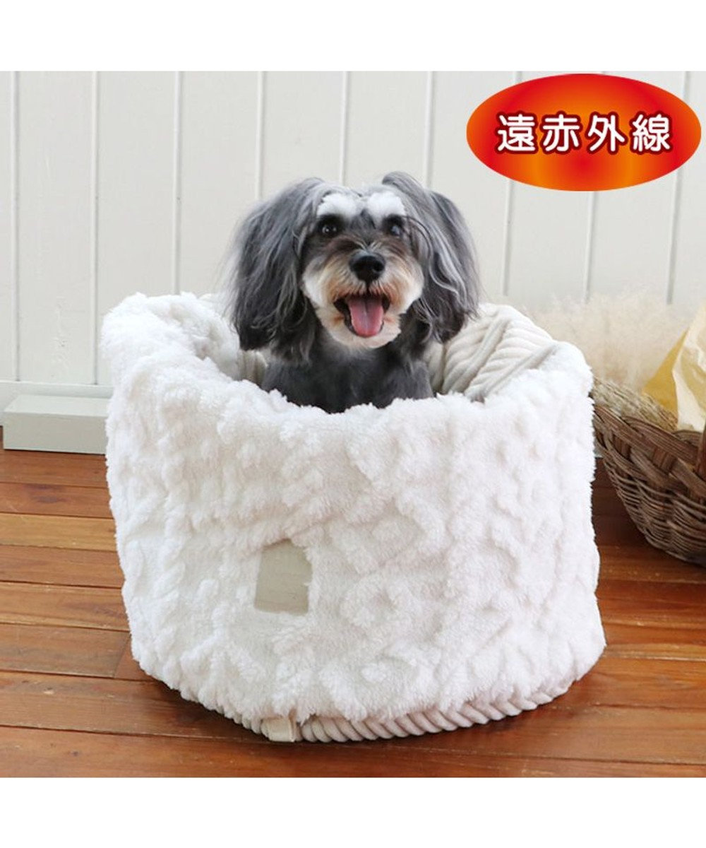 PET PARADISE 犬 ベッド 遠赤外線 筒型 寝袋 カドラー　(42×70cm) アランボア柄 白~オフホワイト
