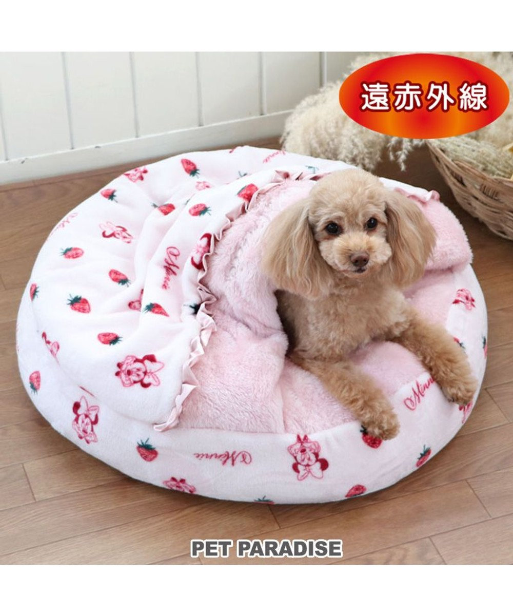 PET PARADISE 犬 ベッド 遠赤外線 ディズニー ミニーマウス 丸型 寝袋 カドラー (60cm) 苺柄 ピンク（淡）