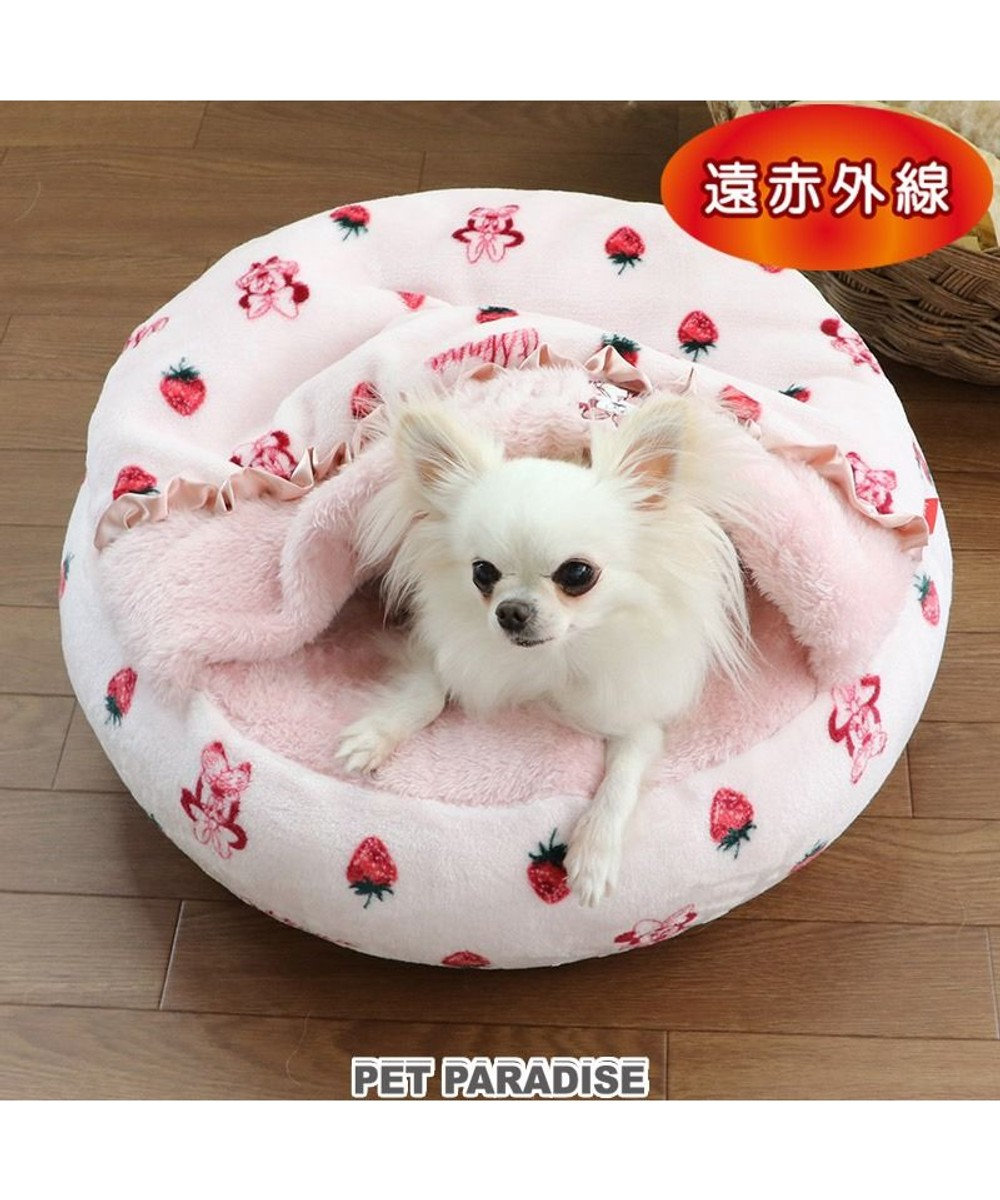 PET PARADISE 犬 ベッド 遠赤外線 ディズニー ミニーマウス 丸型 寝袋 カドラー (50cm) 苺柄 ピンク（淡）
