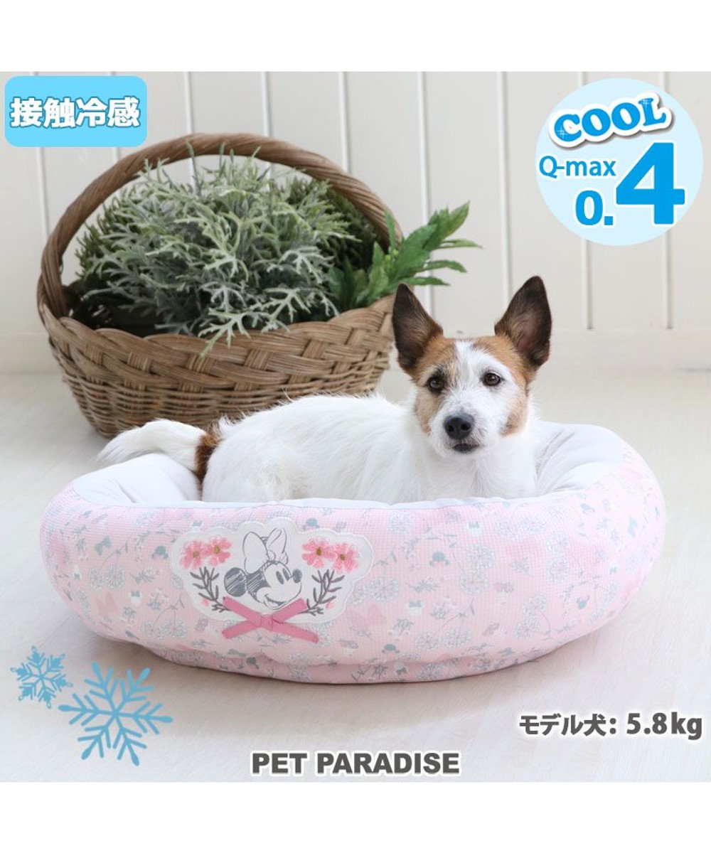 PET PARADISE 犬 春夏 クール 接触冷感 ディズニー ミニーマウス 丸型 カドラーベッド(55cm) ボタニカル 犬 猫 ベッド マット 小型犬 介護 おしゃれ かわいい ふわふわ あごのせ ピンク（淡）