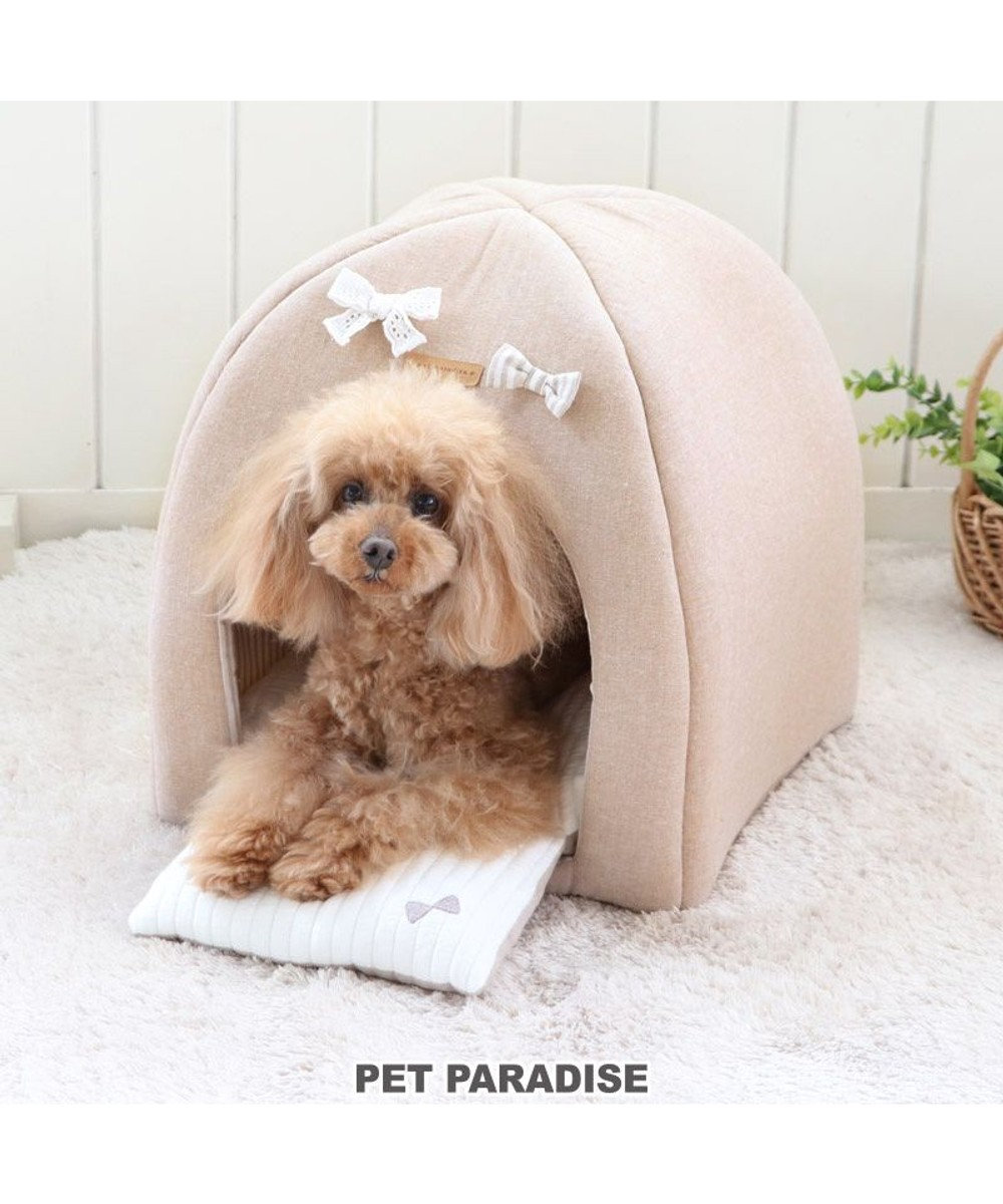 PET PARADISE 犬 ベッド おしゃれ 折畳み ハウス (38×38cm) リボン ベージュ