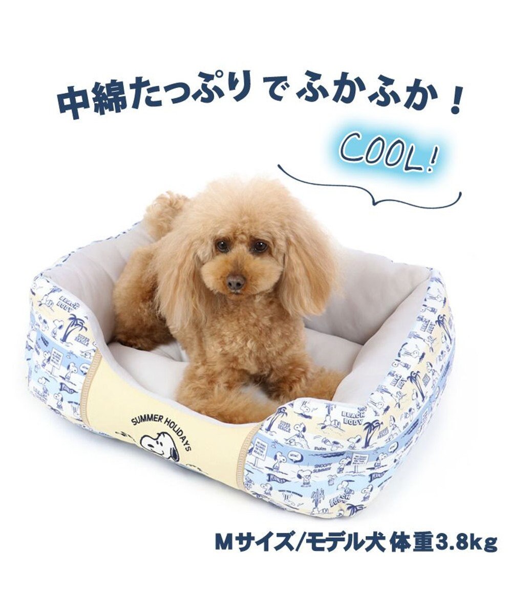 犬 春夏 クール 接触冷感 スヌーピー 四角カドラーベッド(57×45cm) サーフ柄 犬 猫 ベッド マット 小型犬 介護 おしゃれ かわいい  ふわふわ あごのせ, 水色, Ｐ／5ｋ