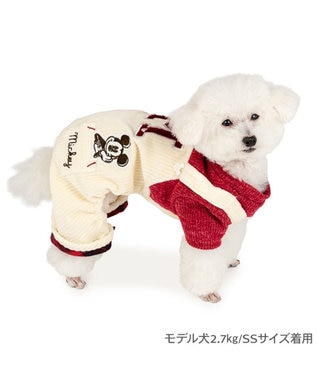 PET PARADISE ディズニー ミッキーマウス チェック オーバーオール  小型犬 ホワイト×レッド