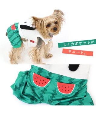 PET PARADISE 犬の服 春夏 ひんやり クール 接触冷感 虫よけ スヌーピー スイカ柄 パンツ つなぎ 【小型犬】 緑