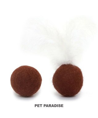 PET PARADISE 猫 おもちゃ 音が鳴る ボール 鈴入り 羊毛ボール 【２種セット】 羽付 羽無 茶系