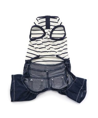 PET PARADISE 犬の服 犬 Lee パンツ つなぎ 【小型犬】 リブ ボーダー 紺（ネイビー・インディゴ）