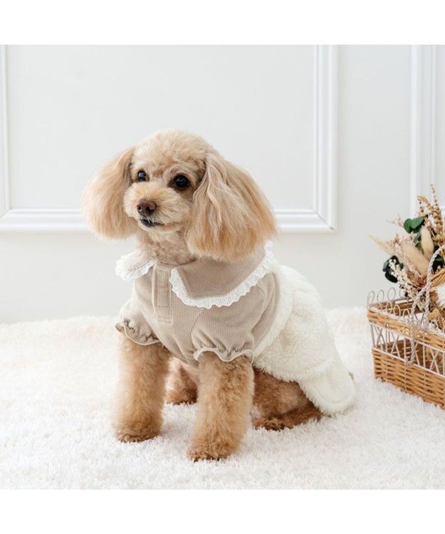 PET PARADISE ペットパラダイス ボア スカートつなぎ 《花刺繍》 小型犬 オフホワイト