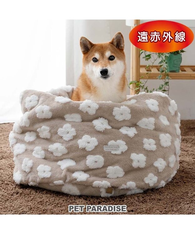 PET PARADISE ペットパラダイス ボア 寝袋 筒型《お花柄》L  中型犬 ベージュ