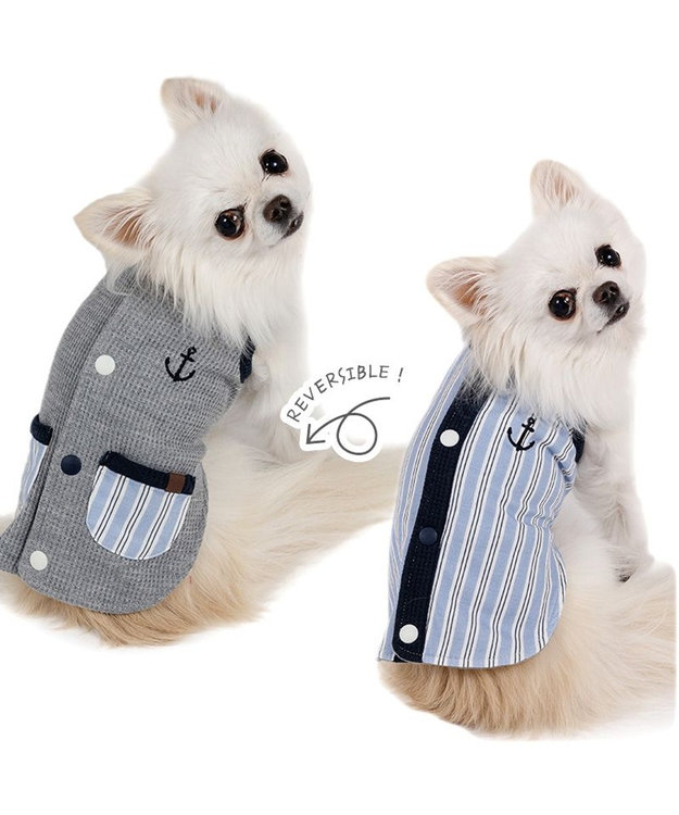 PET PARADISE ペットパラダイス  やさしいベスト 《錨 刺繍》 背中開き 小型犬 グレー×ブルー