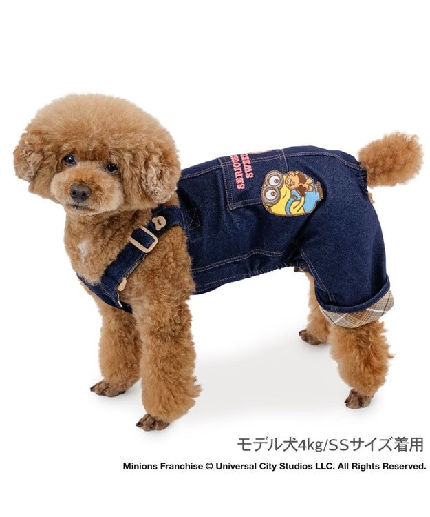 PET PARADISE ミニオン 切替チェック オーバーオール  小型犬 インディゴブルー