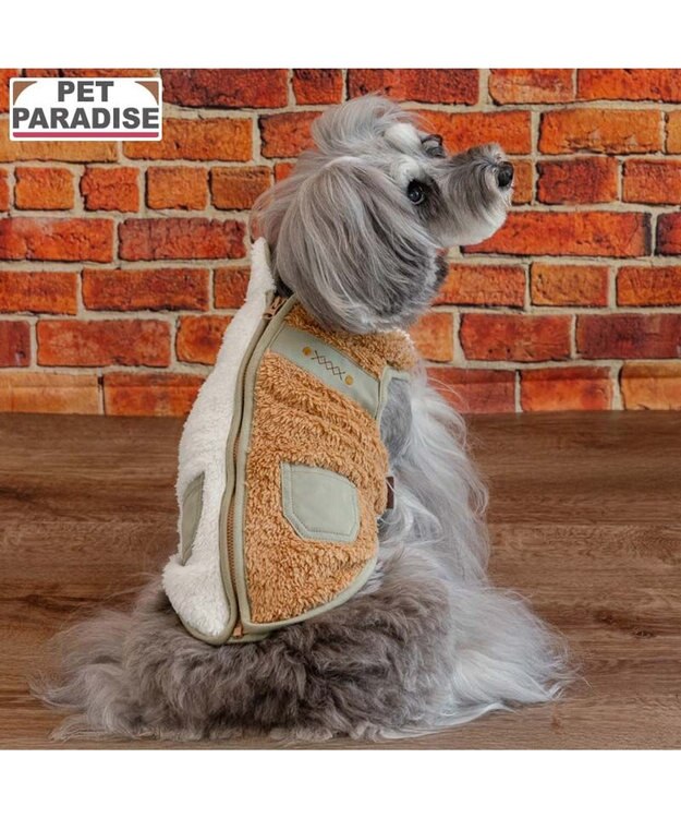 PET PARADISE ペットパラダイス 切替え 背開き ジップアップ ベスト 《ブラウン》 小型犬 ブラウン×ホワイト