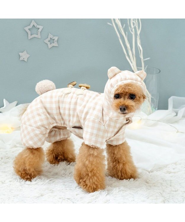 PET PARADISE ペットパラダイス くまちゃん  綿入り オール 《チェック柄》 小型犬 ベージュ×ホワイト
