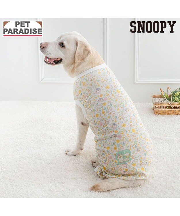 PET PARADISE スヌーピー はじめてのロンパース 《のほほん柄》 中型犬 大型犬 ホワイト×イエロー
