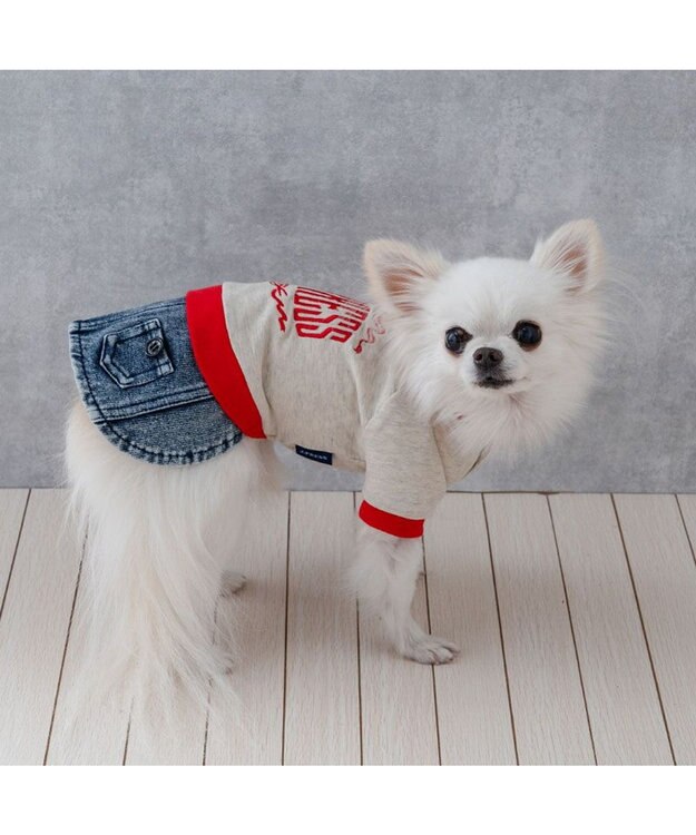 PET PARADISE J.PRESS デニム風 スカートつなぎ 小型犬 ベージュ×レッド